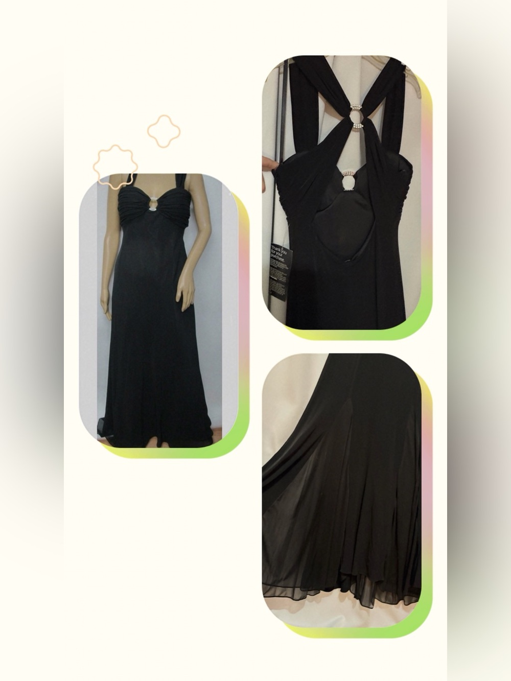 Black Maxi Halter Evening Gown with Rhinestone Rings